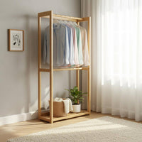 Wooden Floor Clothes Rack Easy to Move Double Rod Clothes Rack Solid Wood Coat Tree for Balcony, Dorm Room