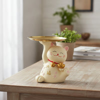 Auspicious Cat Figurine with Tray Resin Cat Figurine Tray Stylish for Entryway