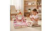 Pretend Dress-up Station Box Pink-Themed Play Makeup Vanity with Drawer Tabletop for Playroom