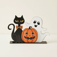 Freestanding Pumpkin Ghost Cat Sign Indoor Halloween Tabletop Decoration Holiday Wooden Halloween Centerpiece Autumn for Mantel