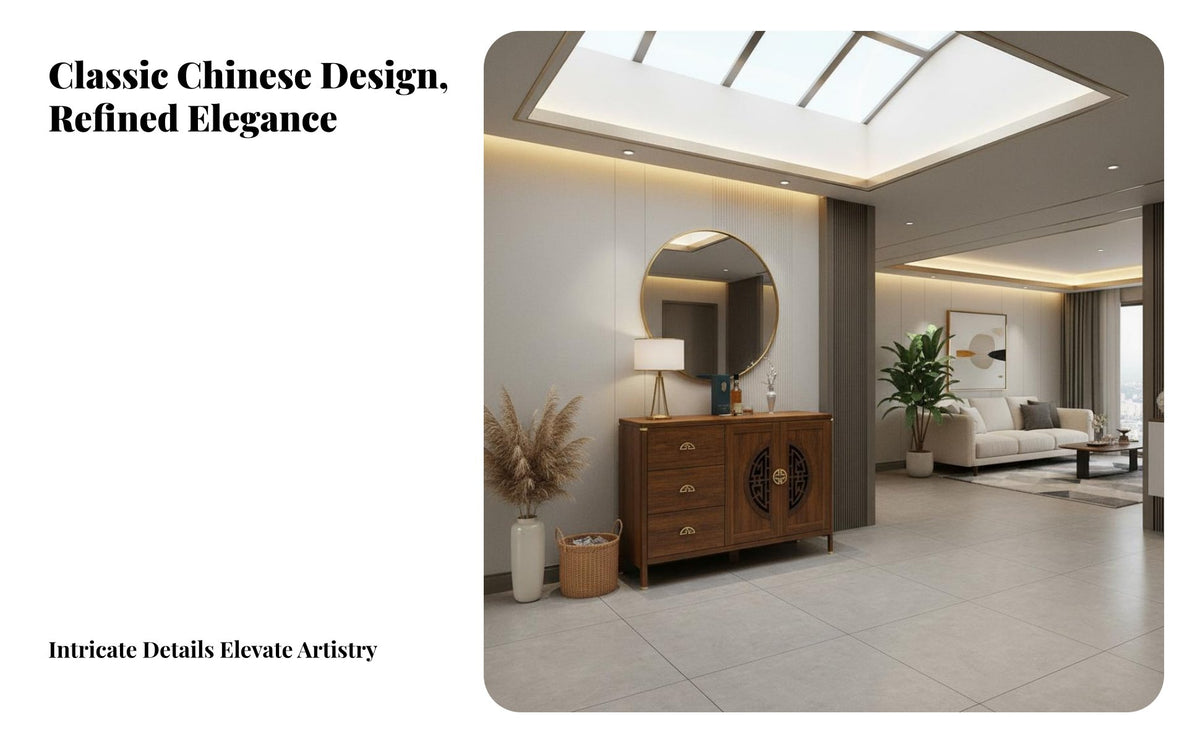 Chinese Design Sideboard Solid Wood Frame Entryway Storage Cabinet Lattice Door Home Design Room Console Cabinet for Families, Hallway, Kitchen, Home