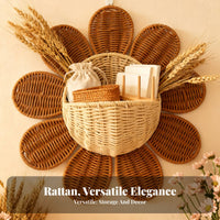 Nordic Design Flower Shaped Wall Basket Handwoven Daisy Wall Decor Multi-Functional Woven Rattan Storage Basket Space Saving for Children, Entryway, Bathroom, Nursery