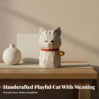 Hand Carved Cat Figurine Good Luck Charm Lucky Cat Wood Carving Feng Shui Wooden Kitten Statue for Art Enthusiasts, Adults, Living Room, Bedroom, Desk