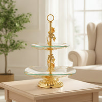 Double-Layer Fruit Stand with Glass Trays Gold-Tone 2-Tier Serving Stand European-Style Ornate for Hosts, Brides, Party, Wedding, Living Room