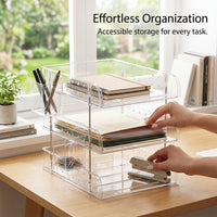 3-Tier Stackable Desktop File Organizer Desk Storage for Office, Modular Document Tray for Students, Book Workspace Solution