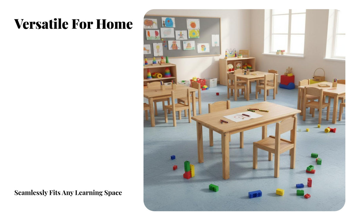 Multi-Functional Kindergarten Table and Chairs Child-Friendly Design Solid Wood Kids Activity Table Set Rounded Corners Wooden Study Desk and Chair Set Stable Structure for Preschoolers, Toddlers, Parents, Preschool, Daycare Center, Playroom