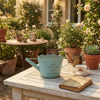 Scalloped Rim Watering Can Planter Side Handle Metal Flower Planter Long Spout Distressed Gold Watering Can Printed Lettering