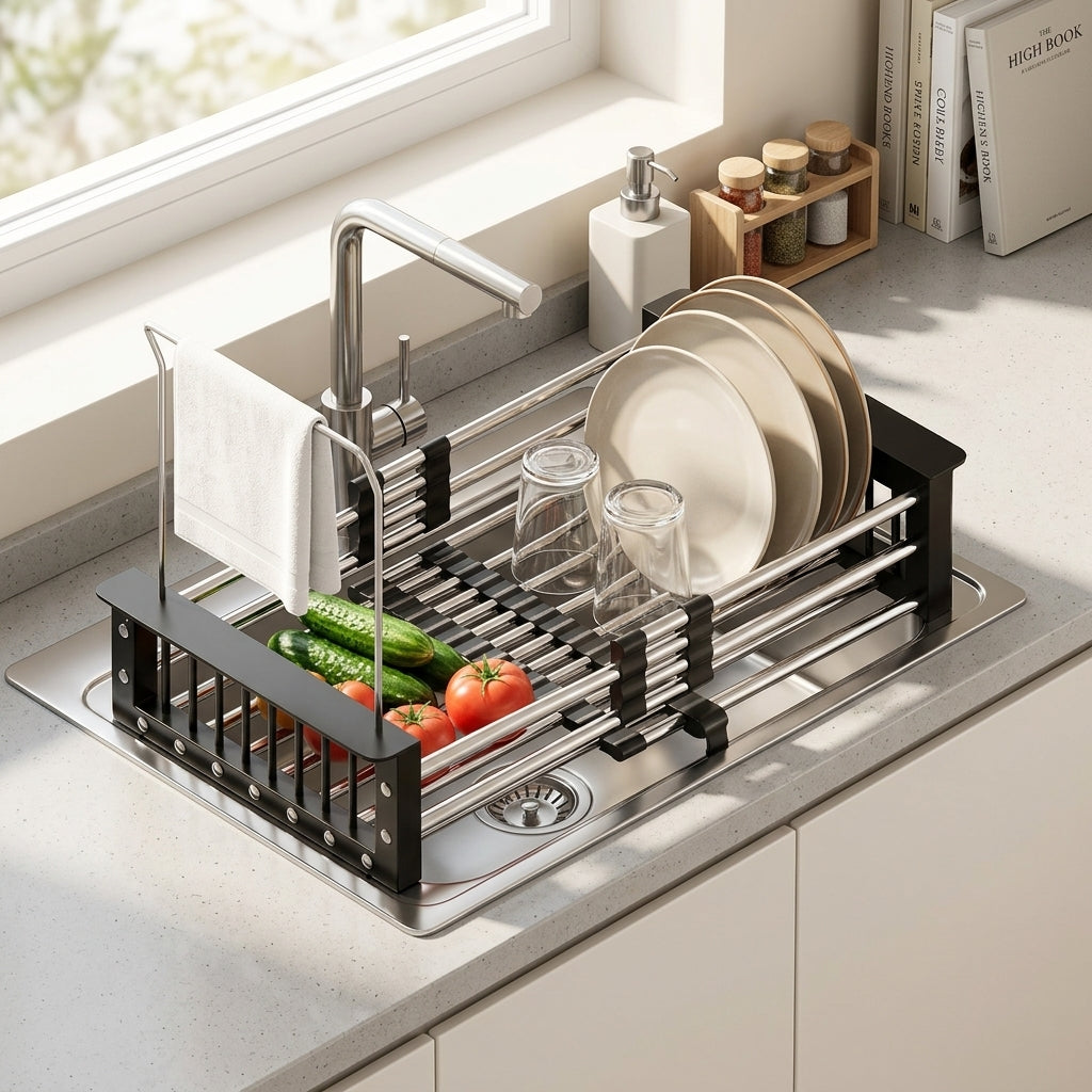 Dish Rack and Sink Strainer with Dish Drainer, Stainless Steel Cutlery Drainer, Space Saving Kitchen Sink Organizer for Your Kitchen Counter