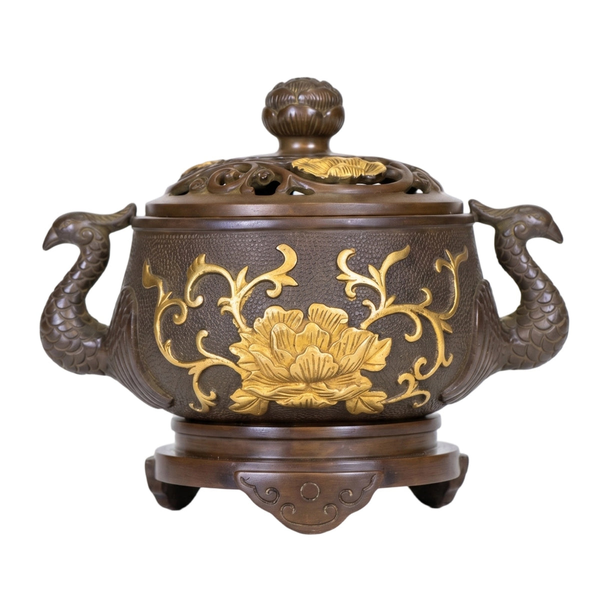 Lidded Copper Scent Burner Raised Base Mythical Bird Scent Burner Side Handles
