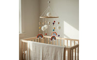 Nordic Aesthetic Rainbow Crib Mobile Soft Soft-Textured Balls Wooden Hoop Mobile Handmade Wood Bead Crib Hanger Gender Neutral for Babies, Newborns