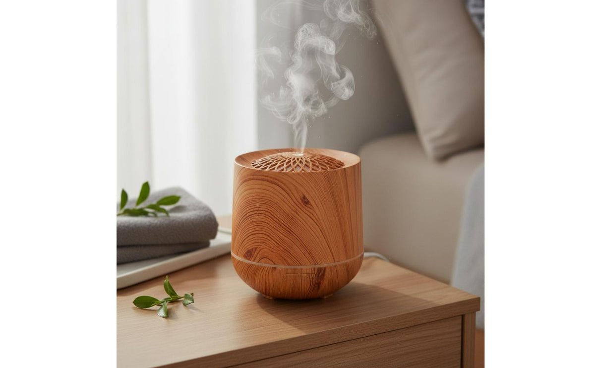 Wood Grain Essential Oil Aroma Disperser Quiet Operation Portable Essential Oil Aroma Disperser Auto Shut-Deactivate High-Frequency Cool Mist Humidifier Bisphenol A-Free Safe for Office, Bedroom, Living Room, Meditation Studio
