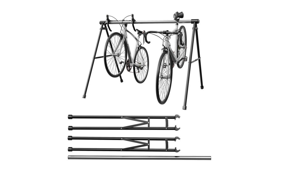 Rubber Feet V-Shaped Cycle Storage Stand Easy Assembly Freestanding 2 Bike Rack Adjustable Length Collapsible Bike Hanging Rack No Screws Required for Apartment, Exhibition