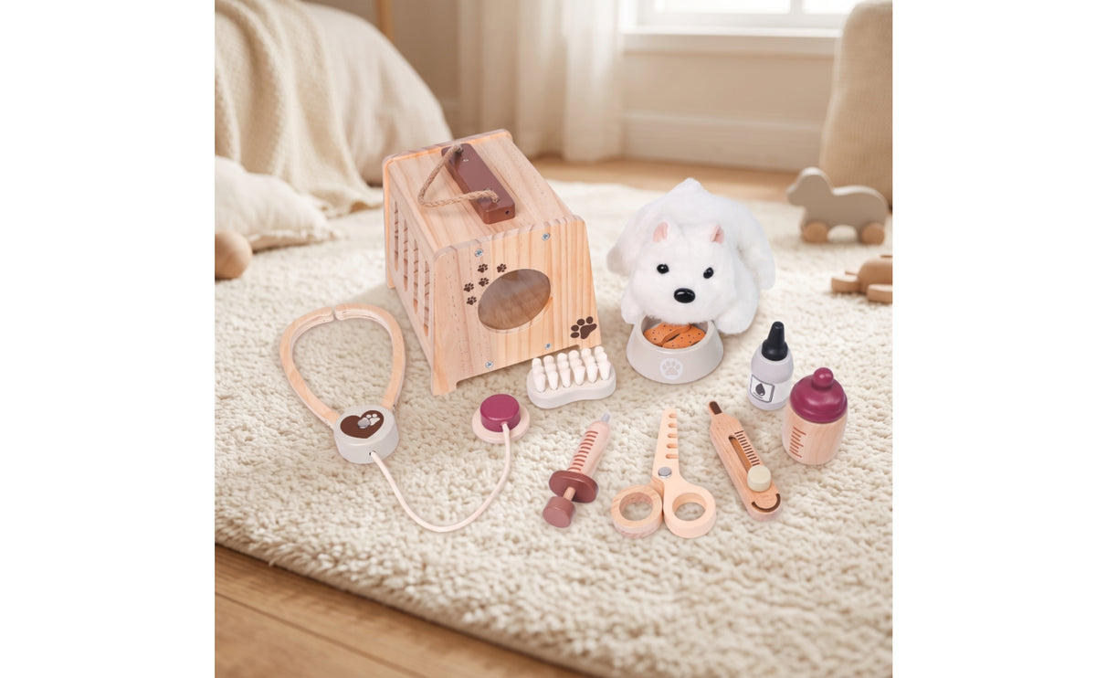 Wooden Veterinarian Toy Set Physician Kit with Soft Toy Pet Compact Veterinarian Playset with Soft Stuffed Dog for Playroom, Preschool