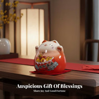 Ceramic Prosperity Cat Chinese Design Lucky Cat Ornament Good Luck Charm Welcoming Cat Statue for Business Owners, Homeowners, Desktop, Home