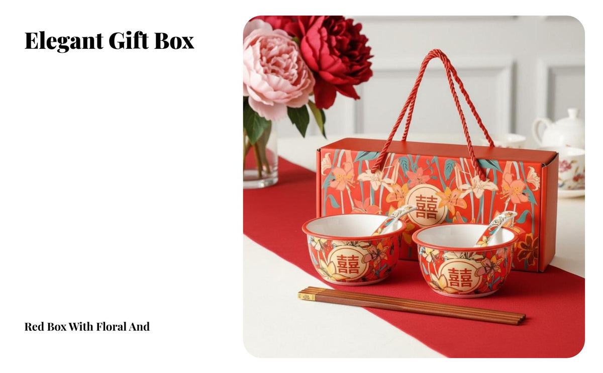 Ceramic Double Happiness Wedding Bowl Set, Creative Newlywed Gift with Chopsticks & Spoon