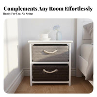 Narrow Bedside Storage Cabinet with Woven Baskets Solid Wood Frame Drawer Space Saving Nightstand for Bedroom, Living Room, Hallway