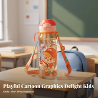 Children's Straw Water Bottle Easy to Carry Portable Water Bottle with Strap Lightweight Portable Straw Cup for Students, Boys, School, Travel, Sports
