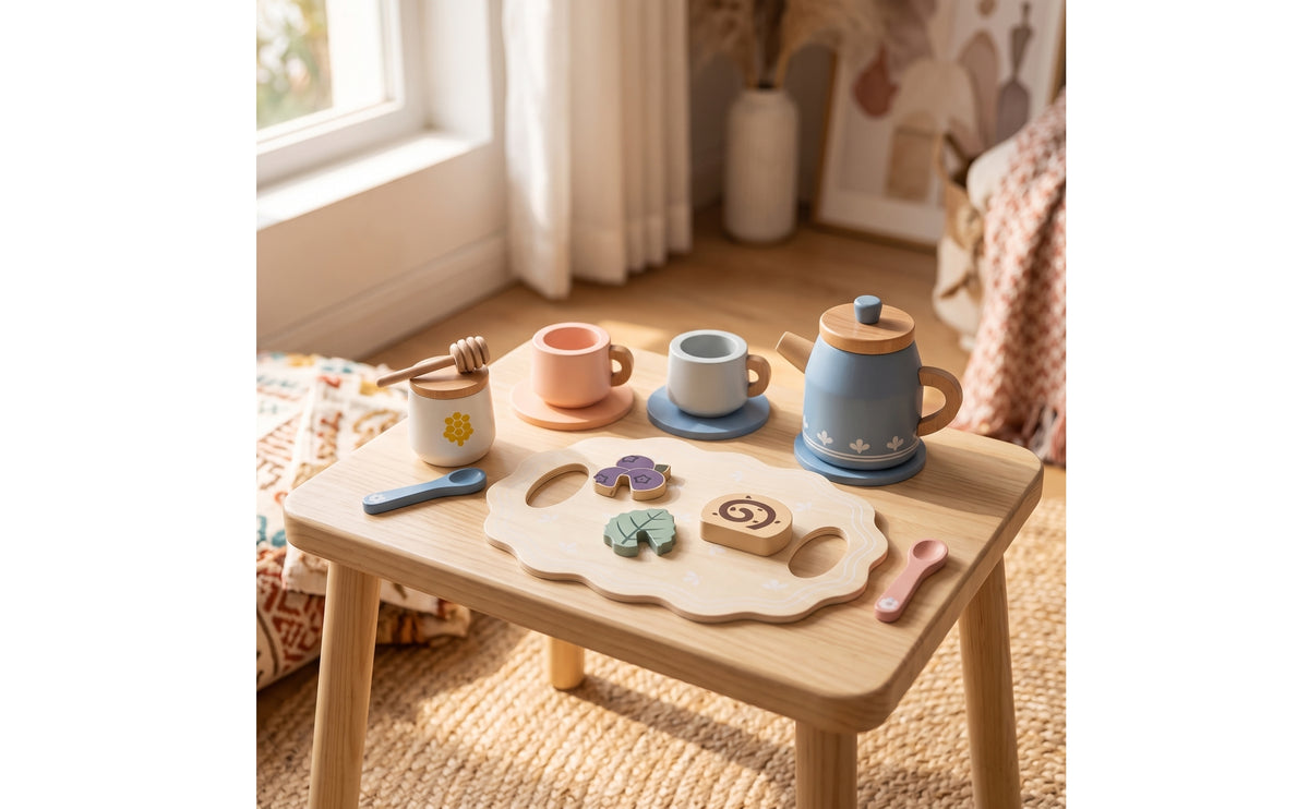 Pretend Tea Set Educational Wooden Tea Set for Imaginative Play Toy Teapot with Cups for Kids, Toddlers