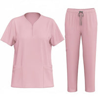 Multiple Pockets Scrub Set Stretch Material Nursing Attire Set Drawstring Waist V-Neck Scrub Top and Pants Comfortable Fit for Healthcare Workers, Caregivers, Medical Professionals, Hospital, Medical Facility