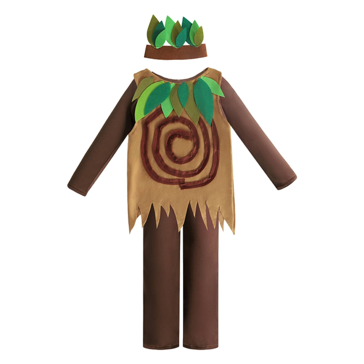 Tree Costume Spiral Motif Leafy Design Kids Clothing Tree Dress up Outfit Long-Sleeve Jagged Hem for Stage Performance