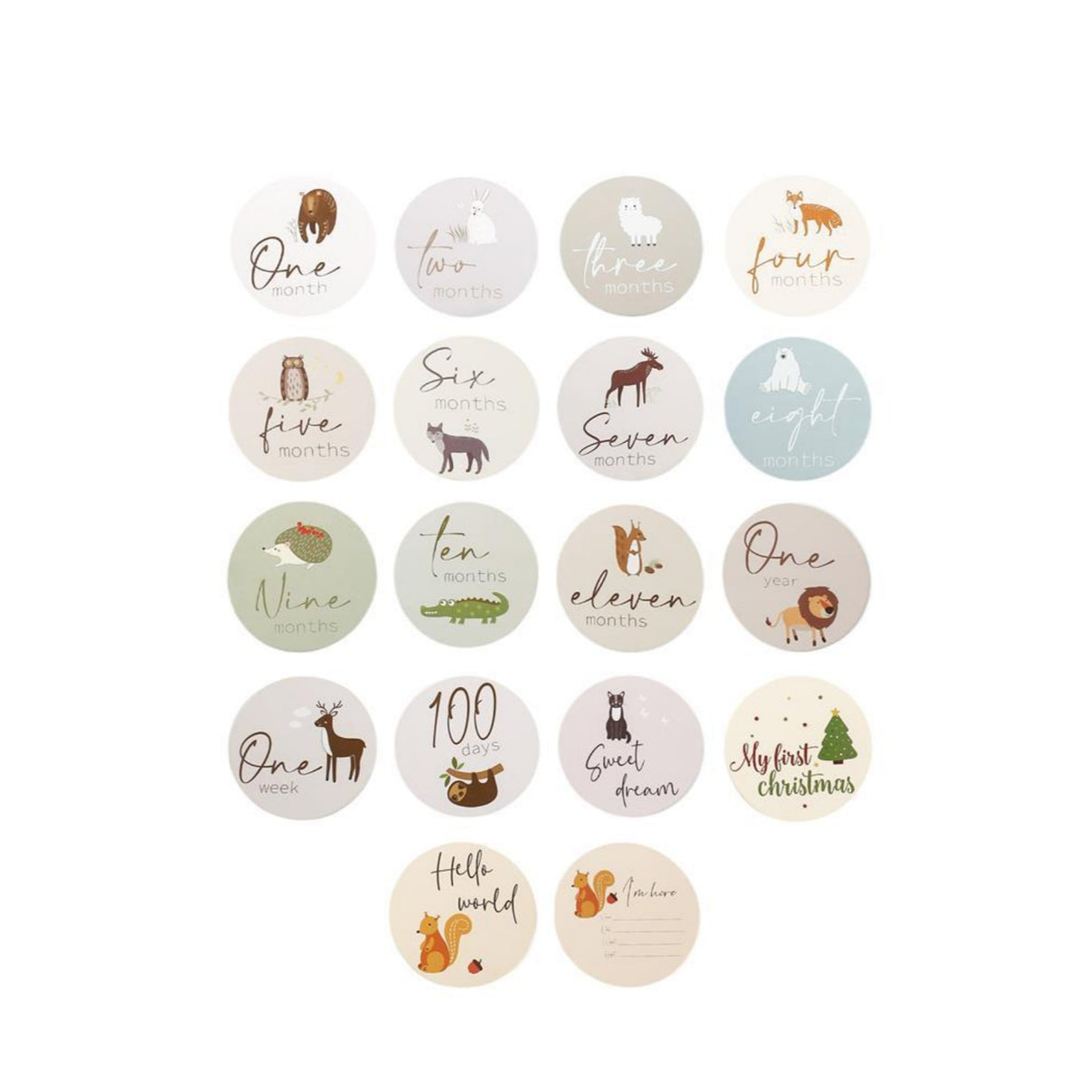 18 Pieces Baby Milestone Cards with Animals Handwritten-Style Milestone Cards with Animals Smooth-Edge Round for Parents