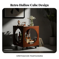Retro Design Wheeled Cube Table with Cutouts Glass Surface Top Household Furniture Movable Design Rolling Cart Multifunctional for Apartment Dwellers, Office Workers, Living Room, Bedroom, Art Studio, Bathroom