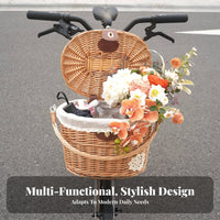 Natural Willow Material Wicker Front Cycle Basket Quick Release Detachable Vintage Bike Basket Removable Liner for Picnic