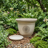 Plant Pots and Flower Pots, Round Embossed Resin Planter with Saucer, Heavy Duty Outdoor Planter for Garden Decor and Floor Standing Home Decor