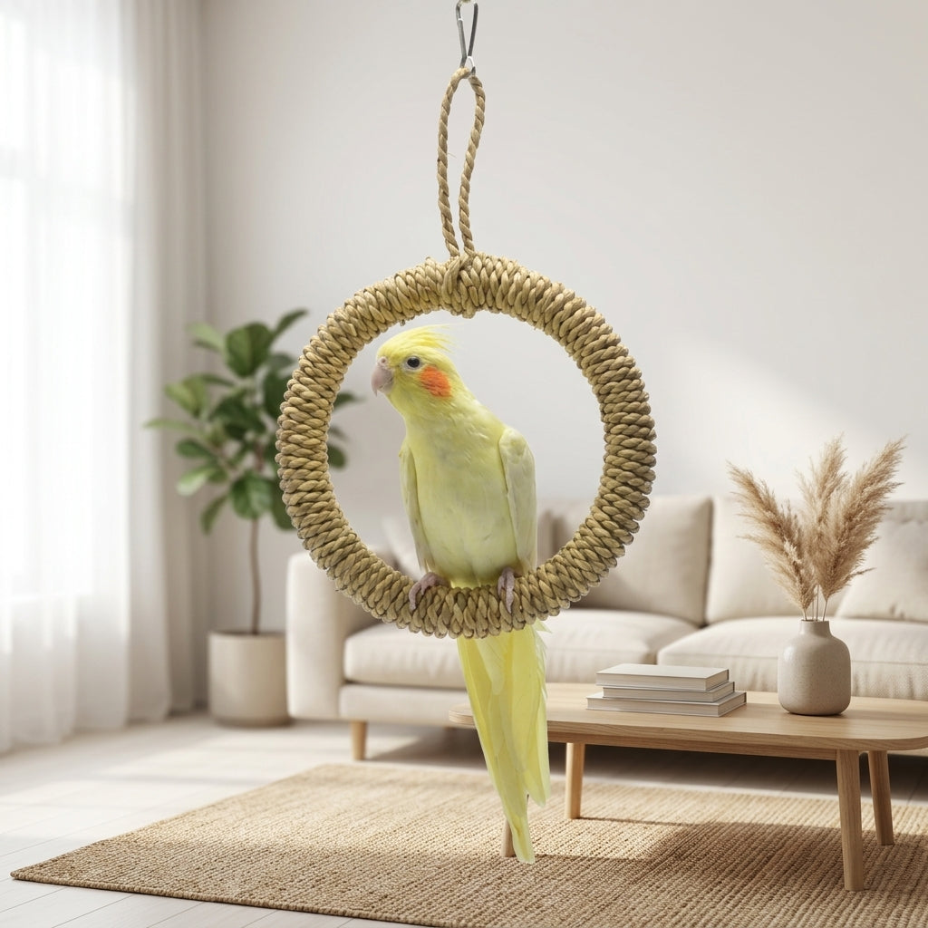 Cockatiel Toy and Budgie Toy Rope Swing Toy, Circular Climbing Toy for Small Parakeets Cockatiels, All Rope Hanging Perch without Noisy Bells