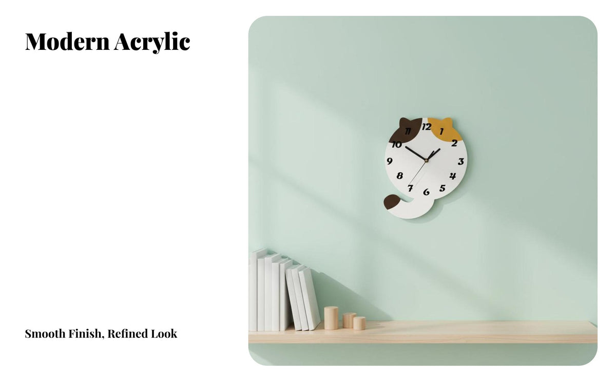 Feline Wall Clock Quiet Mechanism Cat Shaped Wall Clock Non-Ticking for Kids, Kindergarten, Playroom, Nursery