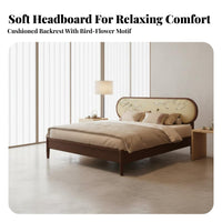 Chinese Design Upholstered Bed Traditional Mortise and Tenon Structure Solid Wood Bed Frame Strong Slat Support Bedstead for Couples, Adults