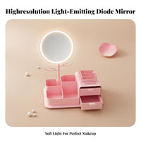 Lighted Mirror with Storage Base light-emitting diode Lighting Makeup Organizer Large Capacity