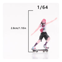 3D Printed 1/64 Scale Skateboarder Girl Highly Detailed Miniature Skater Girl Figurine Hand Painted for Model Car Collectors, Hobbyists, Desktop Decoration