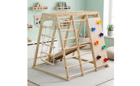 Wooden Climber Playset Multi-Functional Indoor Wooden Gym Climbing Frame with Swing for Young Children, Kids, Playroom, Living Room