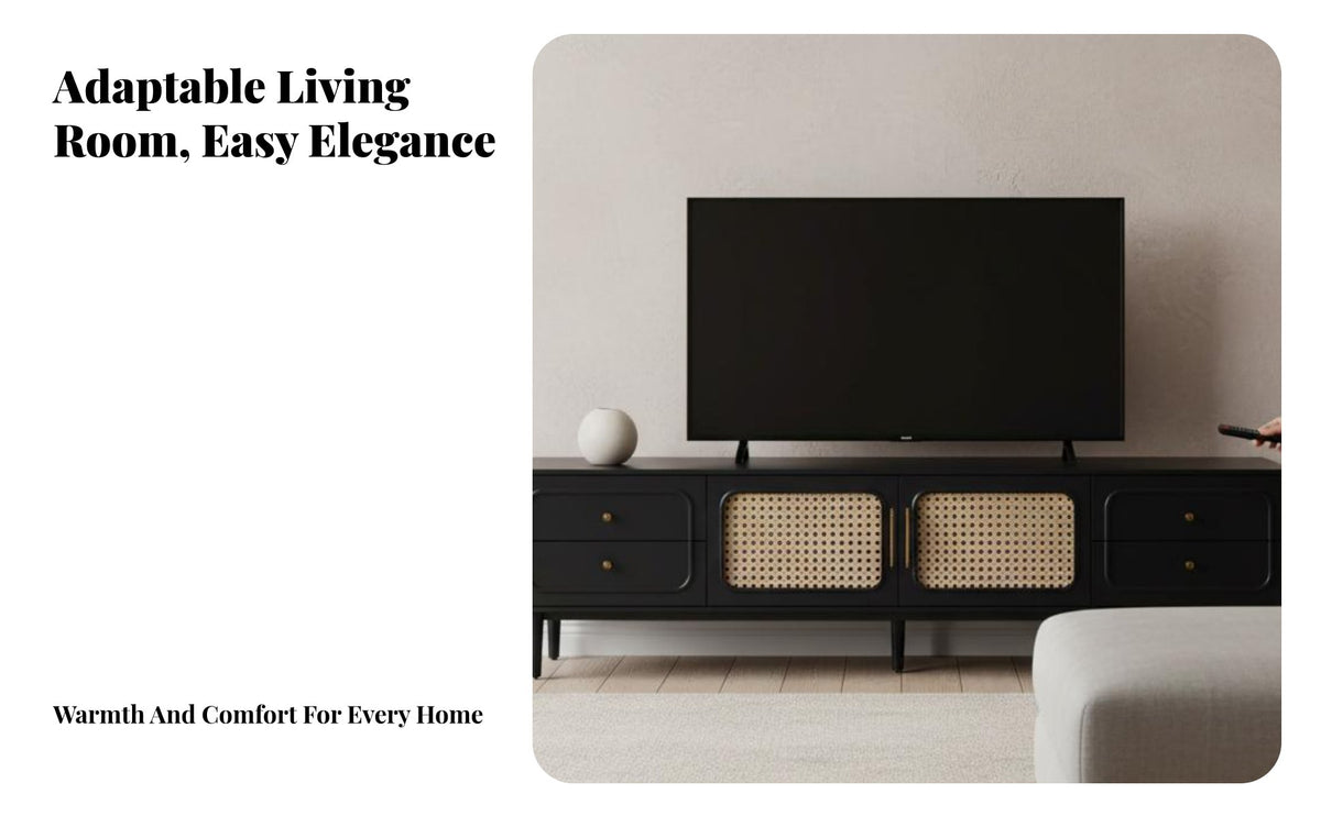 Retro Design Rattan TV Console Wabi-Sabi artistic Rattan Door TV Cabinet Woven Front Living Room Furniture Floor-Standing for Homeowners, Renters, Lounge Area, Apartment, Bedroom