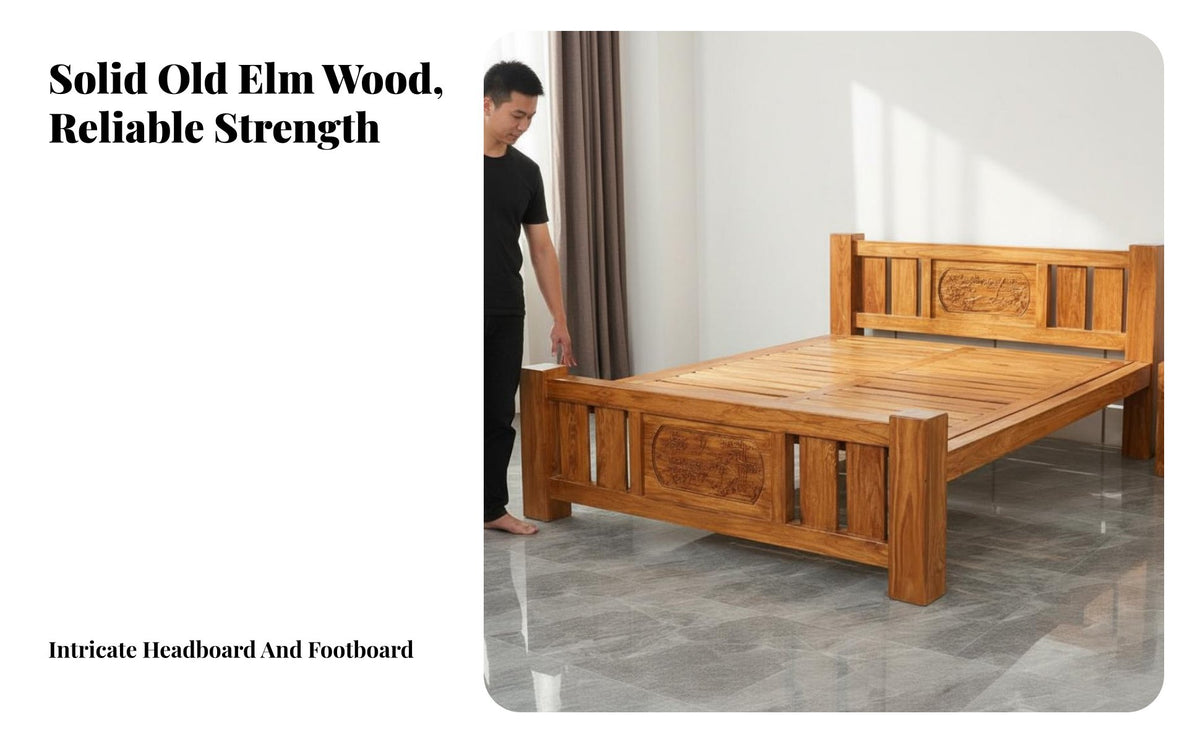 No Box Coil Needed Solid Wood Storage Bed Heavy Duty Chinese Design Platform Bed Modern Design Bedroom Furniture for Hotel Owners, Homeowners, Apartment Dwellers, Homestay, Guest Room