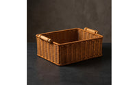 Basket with Wooden Handles Rectangular Woven Tray Rustic Organizer for Countertop, Picnic