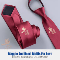 Red Double Happiness Tie, Men's No-Knot, Wedding Groom, Festive Bird Design, Formal Wear