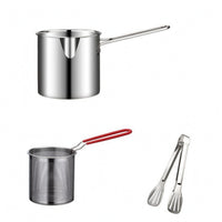 Polished Silver Stainless Steel Fryer Pot Long Handle Frying Pot Rolled Rim Cookware Pouring Notch