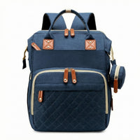 Faux Leather Trim Woven Diaper Backpack Quilted Panel Rectangular Diaper Backpack Top Carry Handle Carryall Multiple Compartments