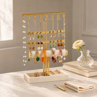 Jewelry Stand with Tray Metal Earring Holder Stand Adjustable Height Necklace Earring Organizer for Women, Girls, Dresser, Vanity, Bedroom