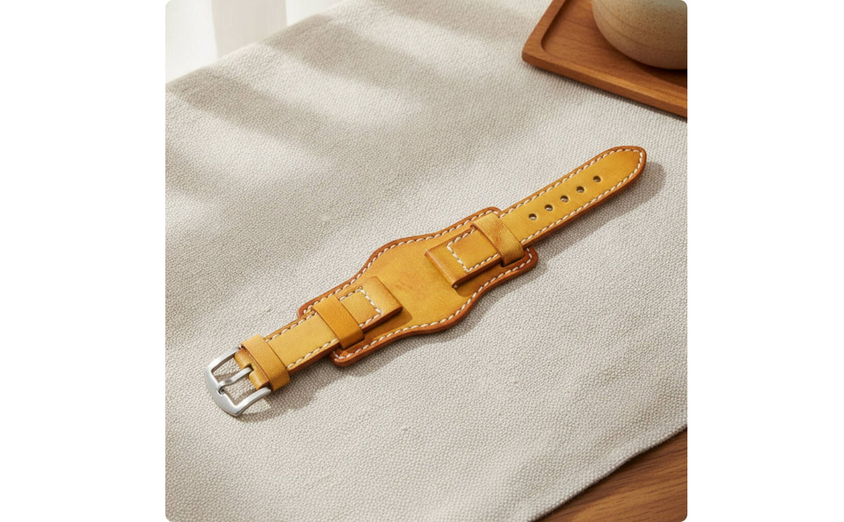 Vintage-Style Leather Watch Strap Perforated Watch Strap with Metal Buckle Layered Rugged for Men