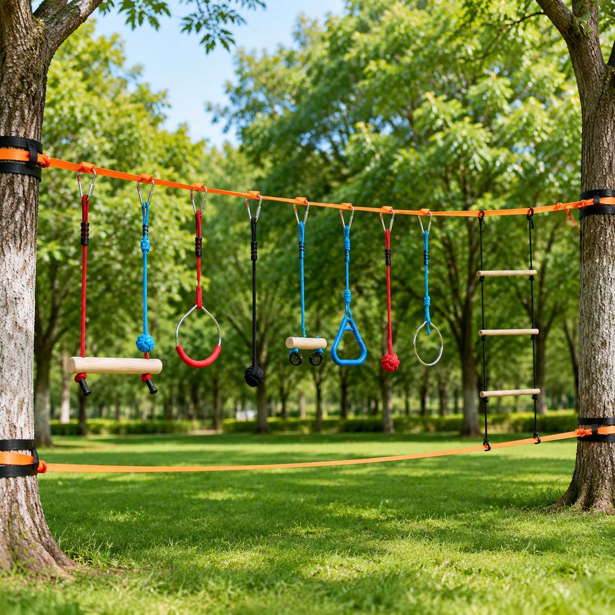 Outdoor Obstacle Course Kit Slackline Kit Backyard Tree Mounted Swing Rings Ball