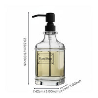 Square Glass Pump Bottle Large Capacity 18oz Glass Soap Dispenser Waterproof Stickers Included Washroom Accessory for Kitchen, Office