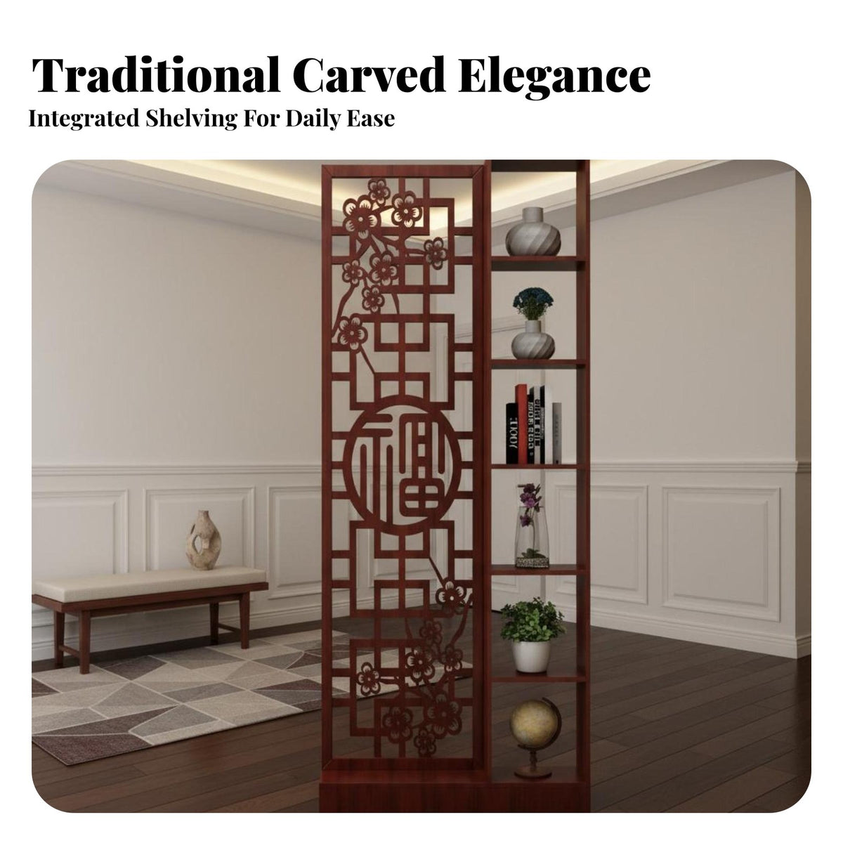 Chinese Design Entryway Screen Space-Saving Design Hollow-out Wood Partition Cabinet Multifunctional Freestanding Room Divider Shelf