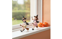 Witch Figurines with Brooms Halloween Boy and Girl Witch Statues Hand-Painted Ornament for Decorators, Collectors, Windowsill, Mantel, Bookshelf