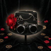Black Steampunk Top Hat Silver-Tone Chain Top Hat with Goggles Wide Brim
