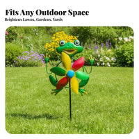 Frog Metal Rotator Flower-Shaped Blade Metal Frog Rotator Animal Kinetic Rotator Round Eyes Outdoor Decor Pointed Base