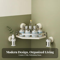 No-Drill Installation Suction Cup Triangle Shelf Space Saving Corner Organizer Waterproof and Rustproof Wall Rack Raised Guardrail for Renters, Homeowners, Families, Kitchen, Bathroom, Shower