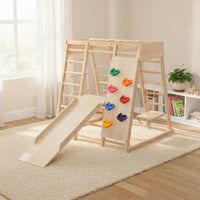 Climbing Play Structure with Slide Wood Wooden Climbing Frame with Swing Multifunctional Indoor Playground with Slide for Living Room, Nursery